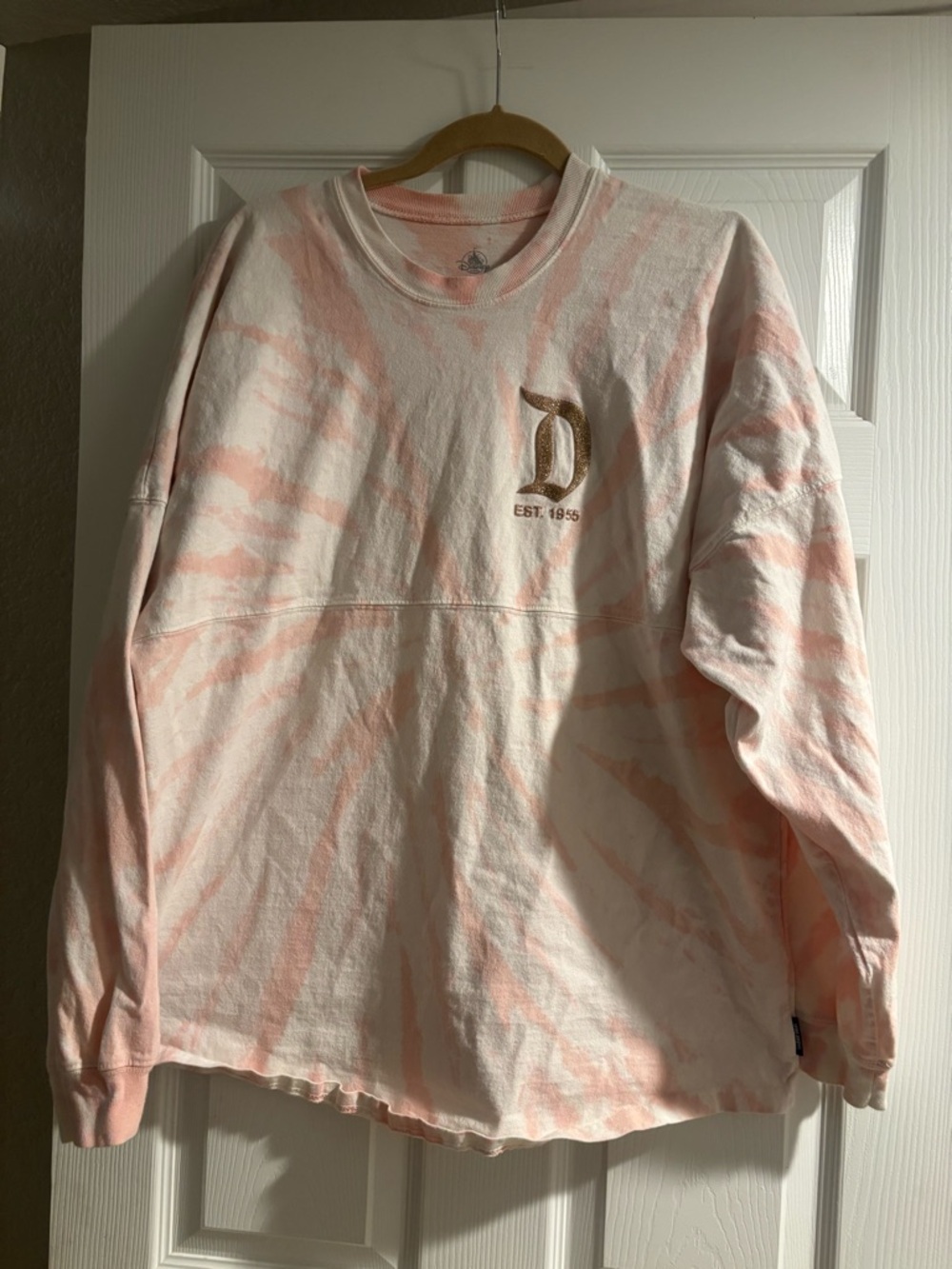 Disney Pink and White Tie-Dye Long Sleeve Sweatshirt with Gold D Logo